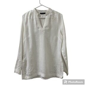 Valerie Stevens White Floral Embroidered V Neck Linen LS Tunic Top Size Medium